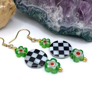 Black & White Checkerboard Lime Green Flower Handmade Bead Earrings LR149
